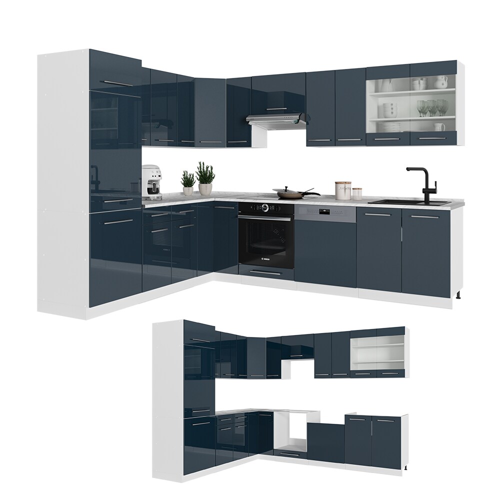 Vicco Eckküche Fame-Line Weiß Dunkelblau Hochglanz 287x227 cm mit Arbeitsplatte Eiche