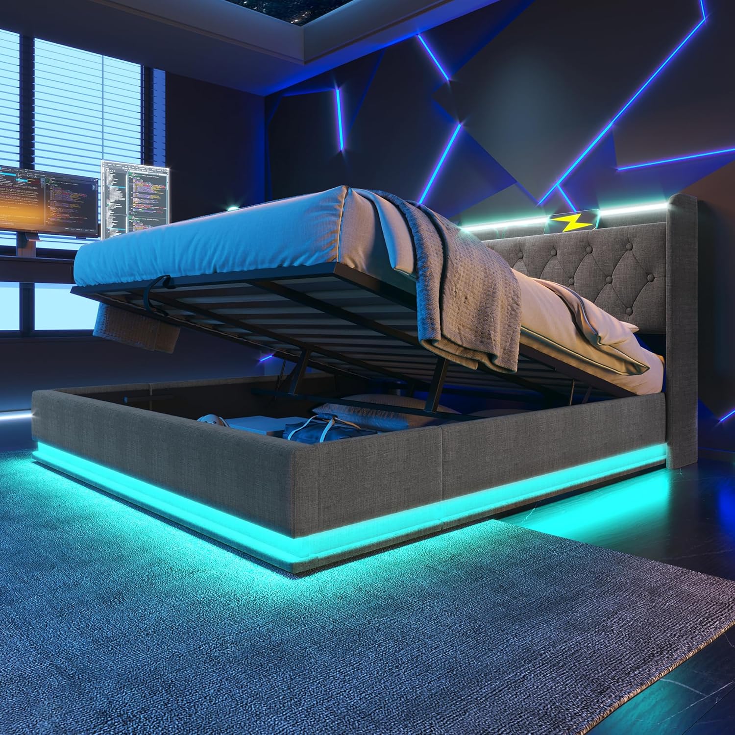 Polsterbett Doppelbett 180x200, LED Jugendbett Hydraulisch Stauraumbett Funktionsbett Bettgestell mit Stauraum & Lattenrost, Kopfteil mit USB Typ-C Ladefunktion & Staufach, Leinen, Ohne Matratze, Grau