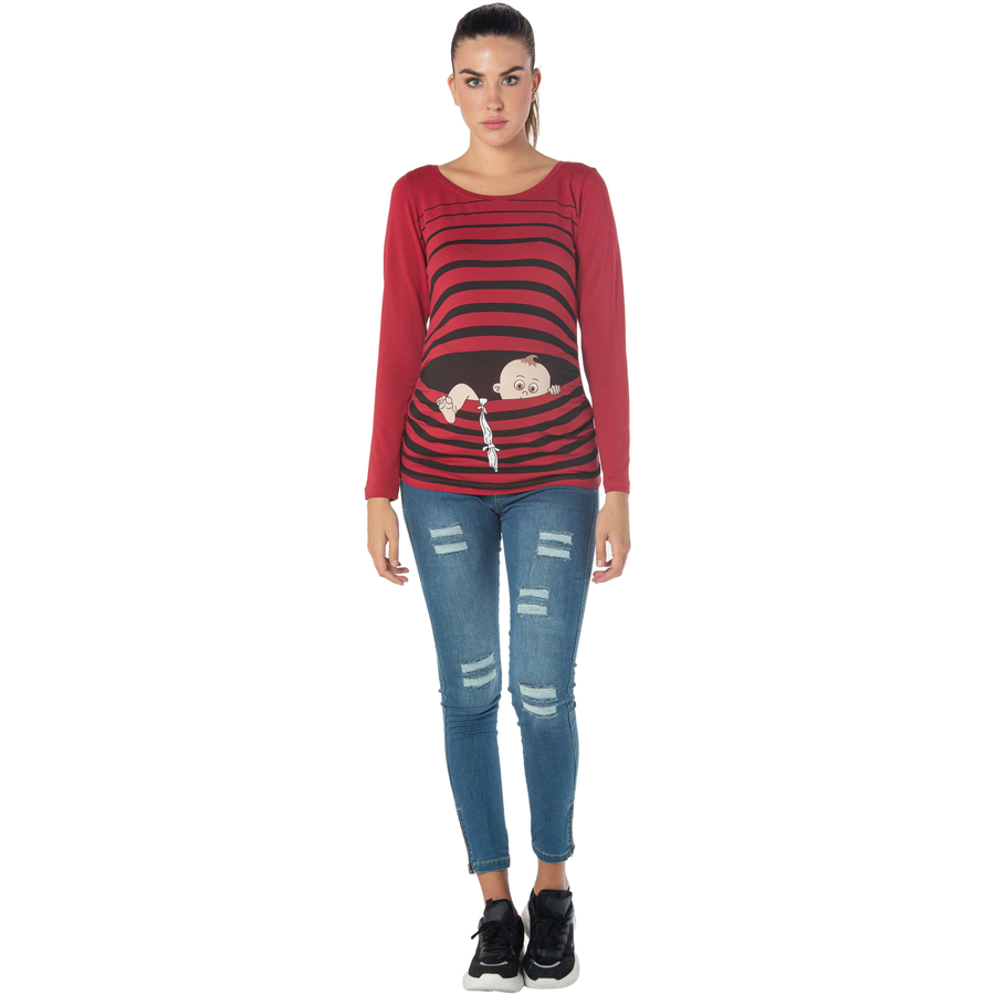 M.M.C. Umstandslangarmshirt Baby Flucht mit Motiv Weinrot