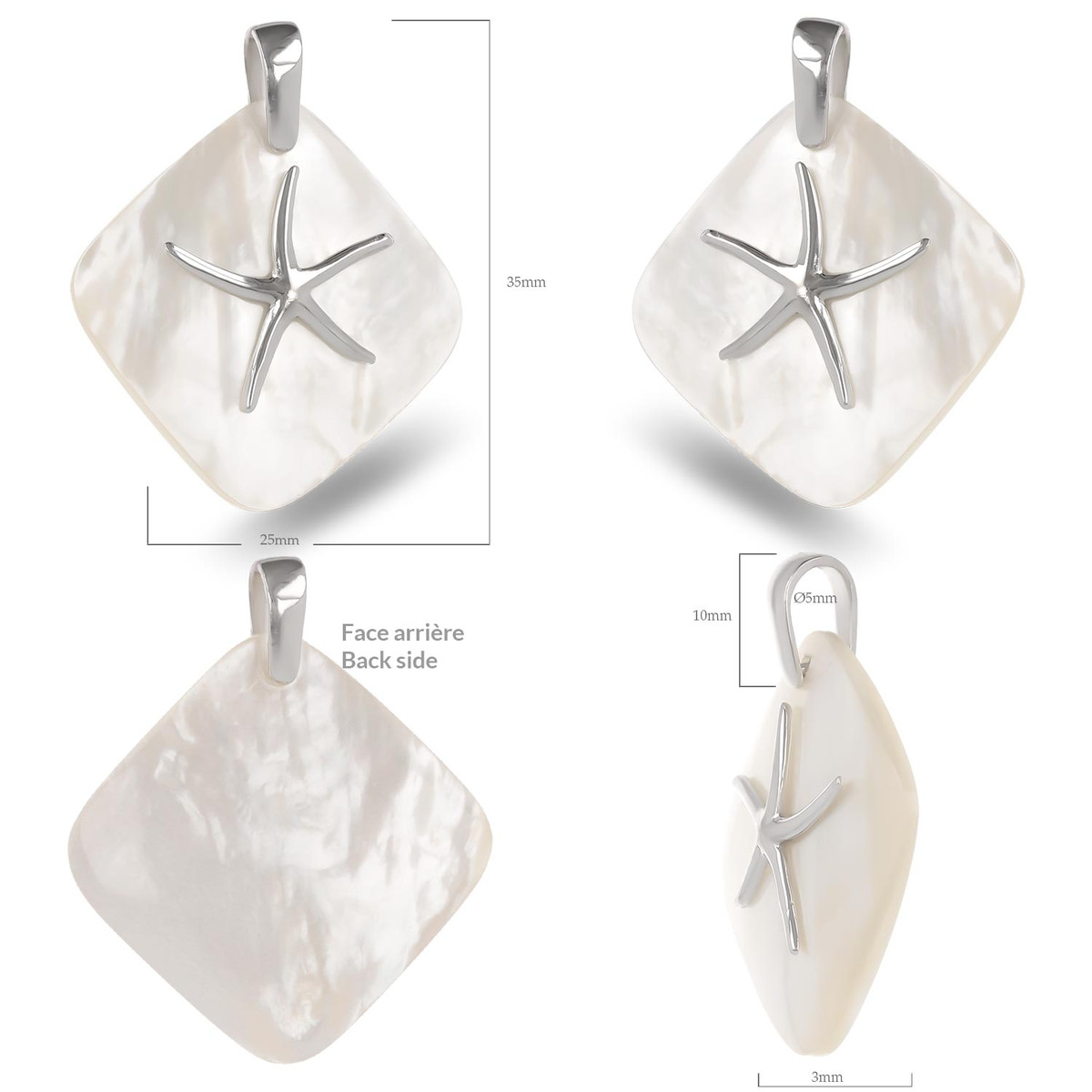 Pendentif Etoile de Mer nacre blanche sertie argent 925-Millième rhodié