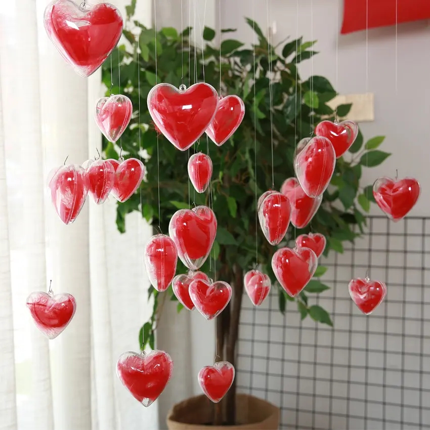 (2er Set) 10cm Acryl Christbaum Schmuck Weihnachts Herz Kugeln DIY Bastel Deko zum Befüllen - Transparent
