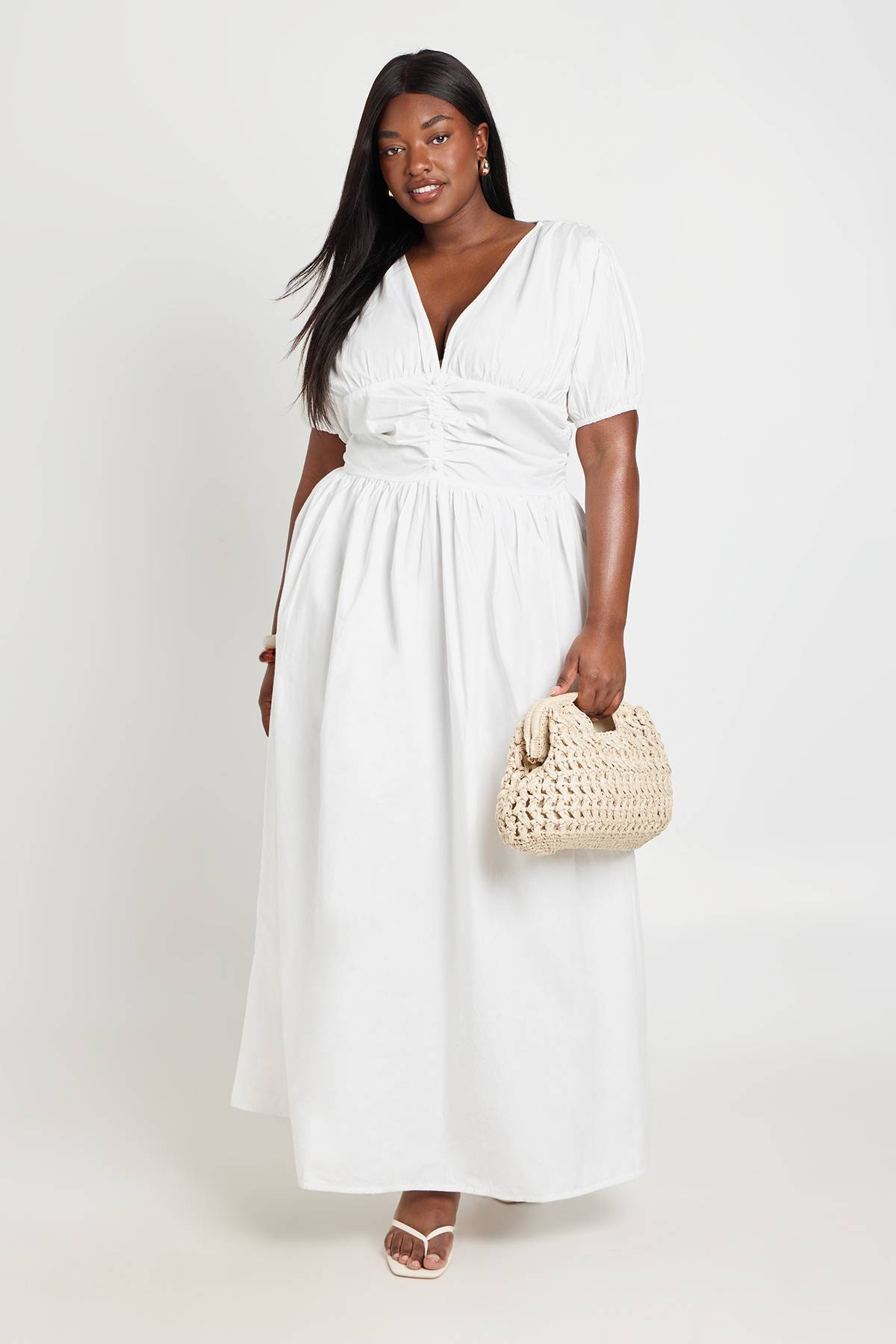 boohoo Robe Maxi Grande Taille En Popeline Avec Détail Taille Froncée