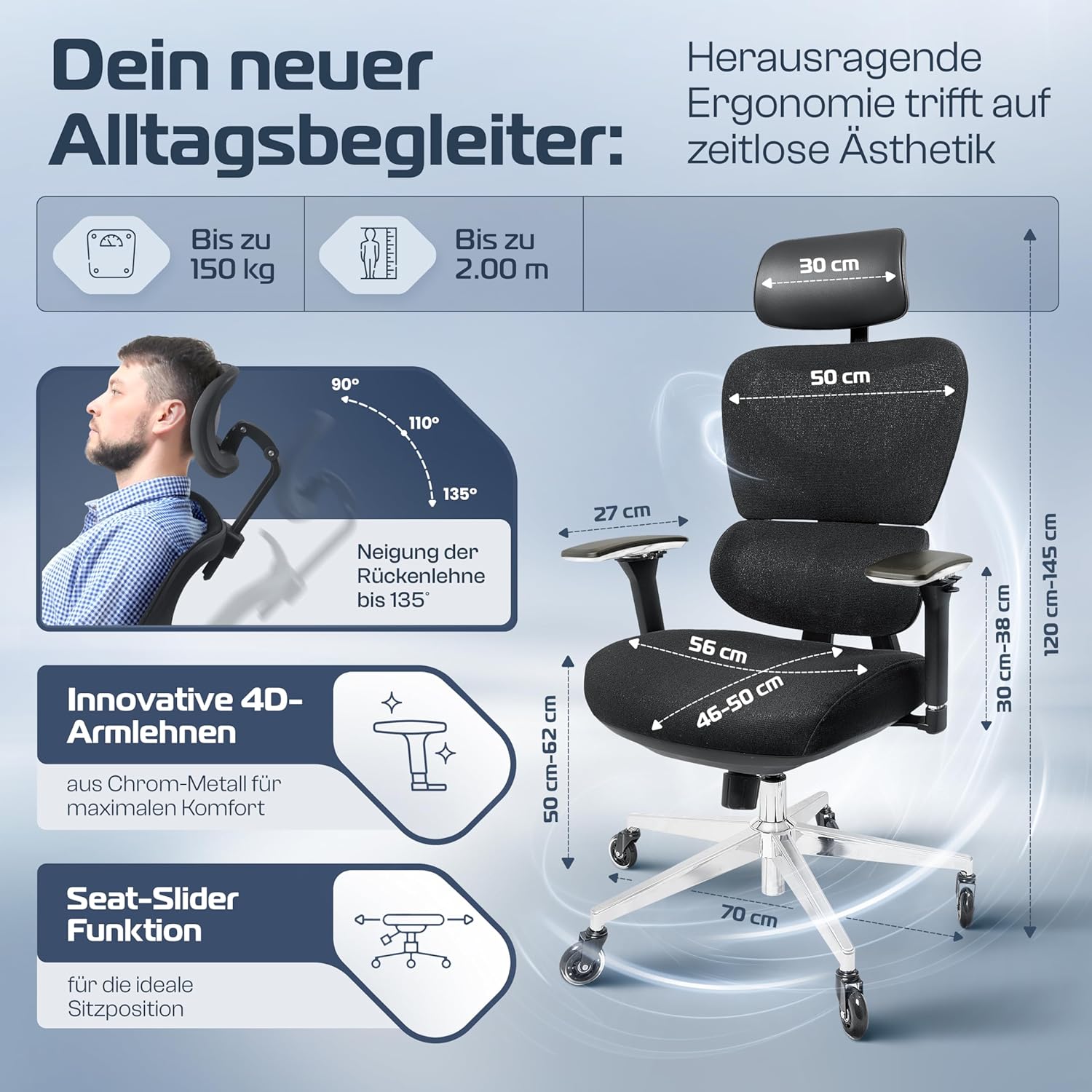 ProSeat Bürostuhl Ergonomisch [TESTSIEGER] Schreibtischstuhl 100% individuell einstellbar | Büro Stuhl & Gaming Stuhl | Computerstuhl Home Office Chair Ergonomic | Drehstuhl 150 kg