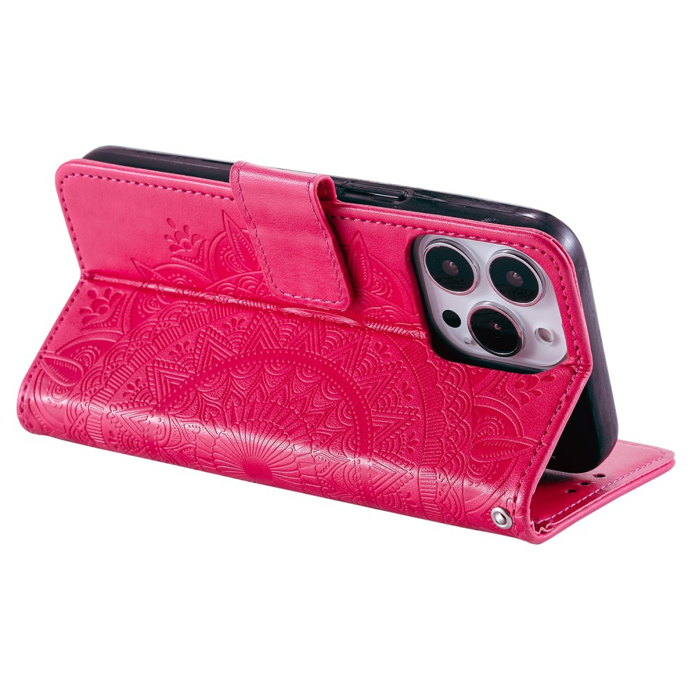 iPhone 15 Pro Max Leder Tasche Wallet - Mandala Flowers Imprint - Rot / Pink