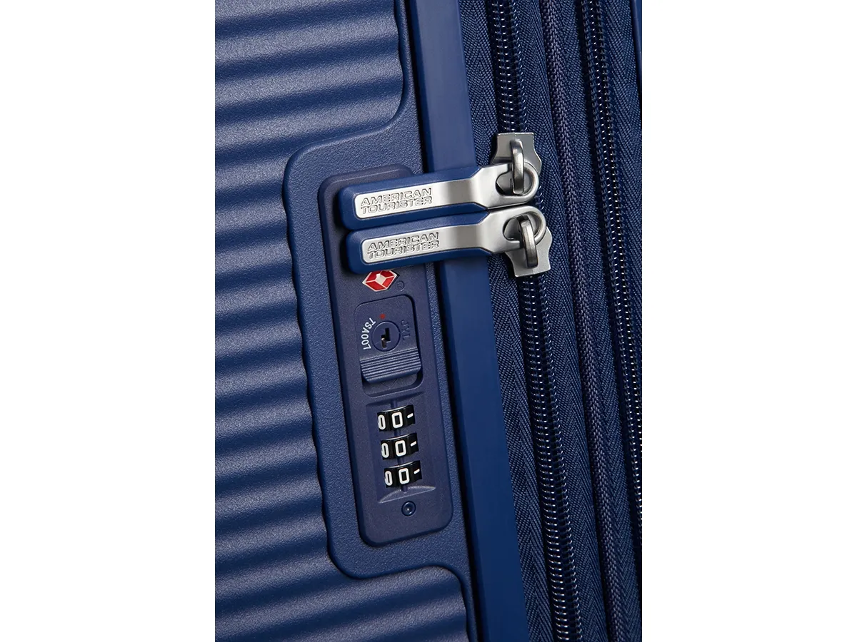 [OUTLET] - American Tourister Soundbox, Spinner, Blå, Polypropylen (PP), 4 hjul, Roterende hjul, Lynlås