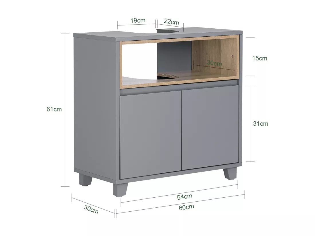 SoBuy BZR148-DG Meuble sous Lavabo de Salle de Bain, Meuble sous Vasque à 2 Portes, Placard Armoire de Rangement Meuble évier de Cuisine, L60 x P30 x H61 cm, Gris