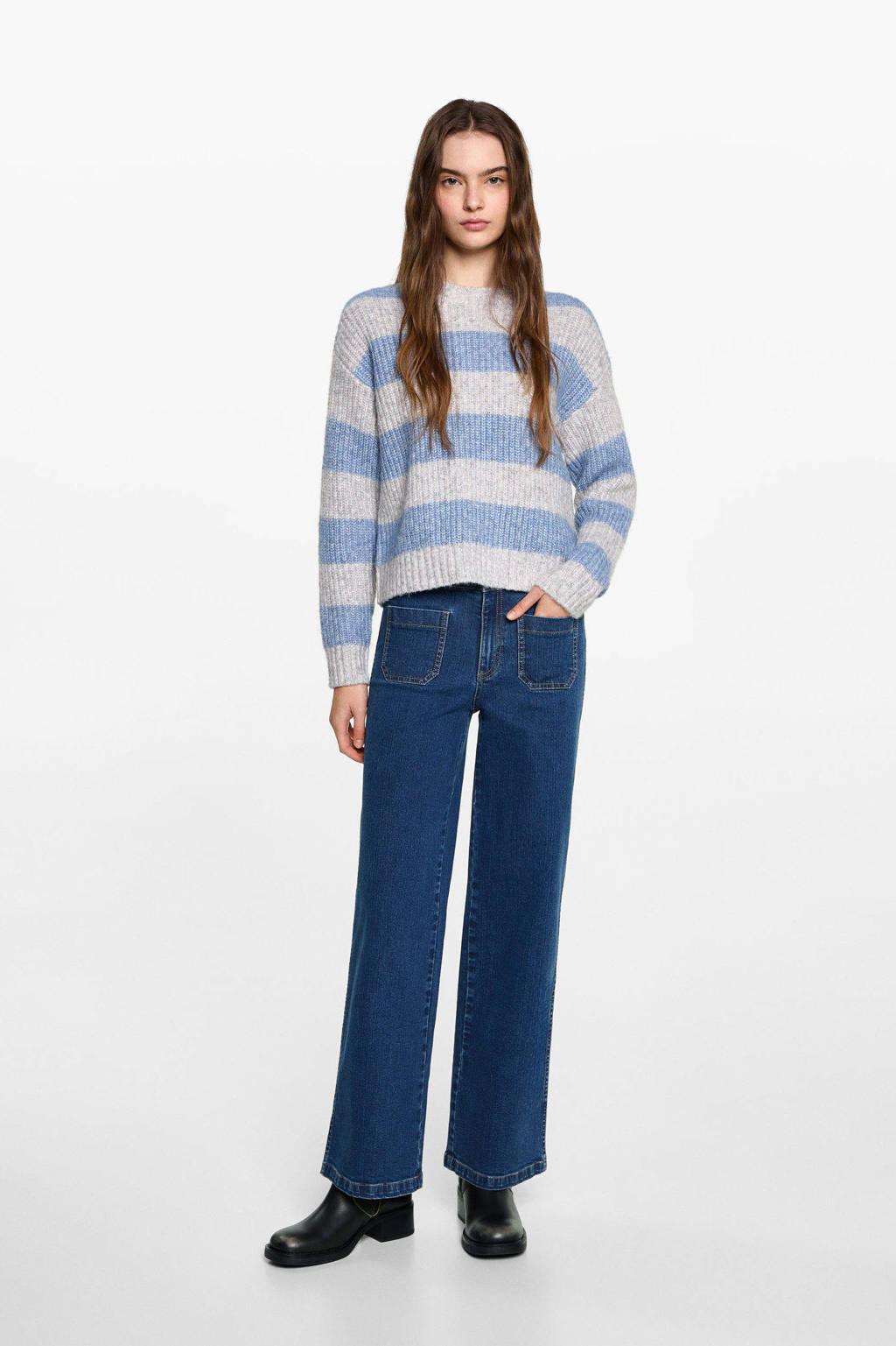 MANGO TEEN wide leg regular waist jeans dark blue denim