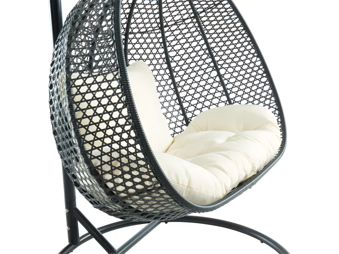Fauteuil suspendu 2 places en résine tressée - Noir et coussin blanc - VAHINA de MYLIA
