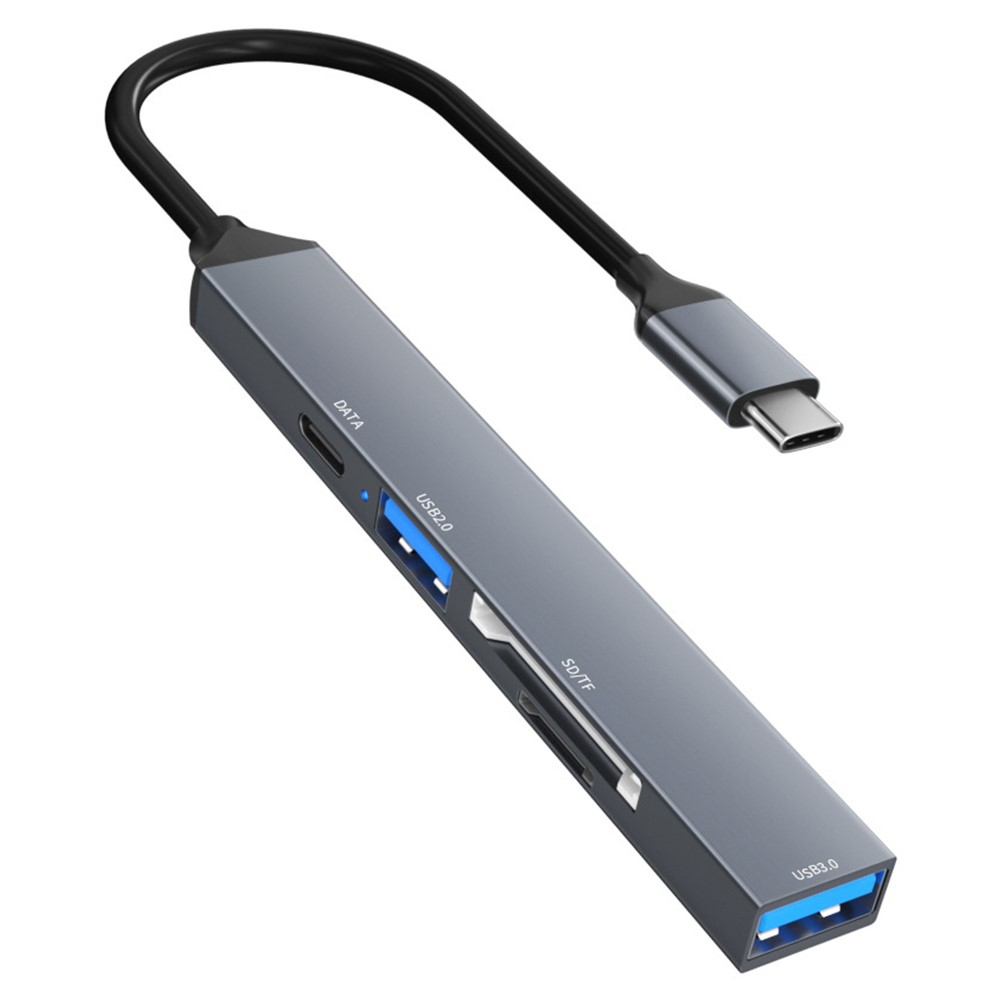 USB C 5 in 1 OTG Multiport Adapter HUB mit 1x USB C (480Mbit/s) / 1x USB 2.0 / 1x USB 3.0 / 1x SD-Kartenleser / 1x MicroSD-Kartenleser - Grau