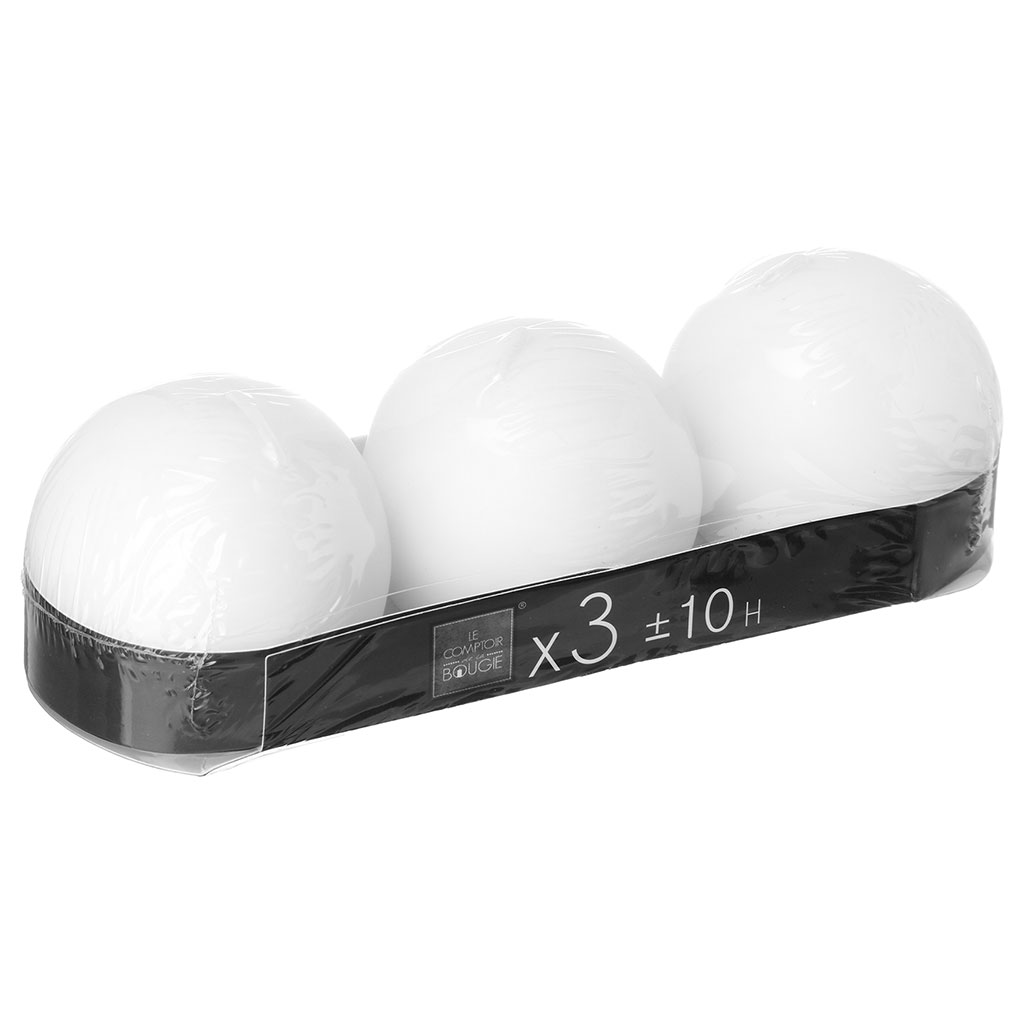 Lot de 3 bougies rondes blanches D 6cm