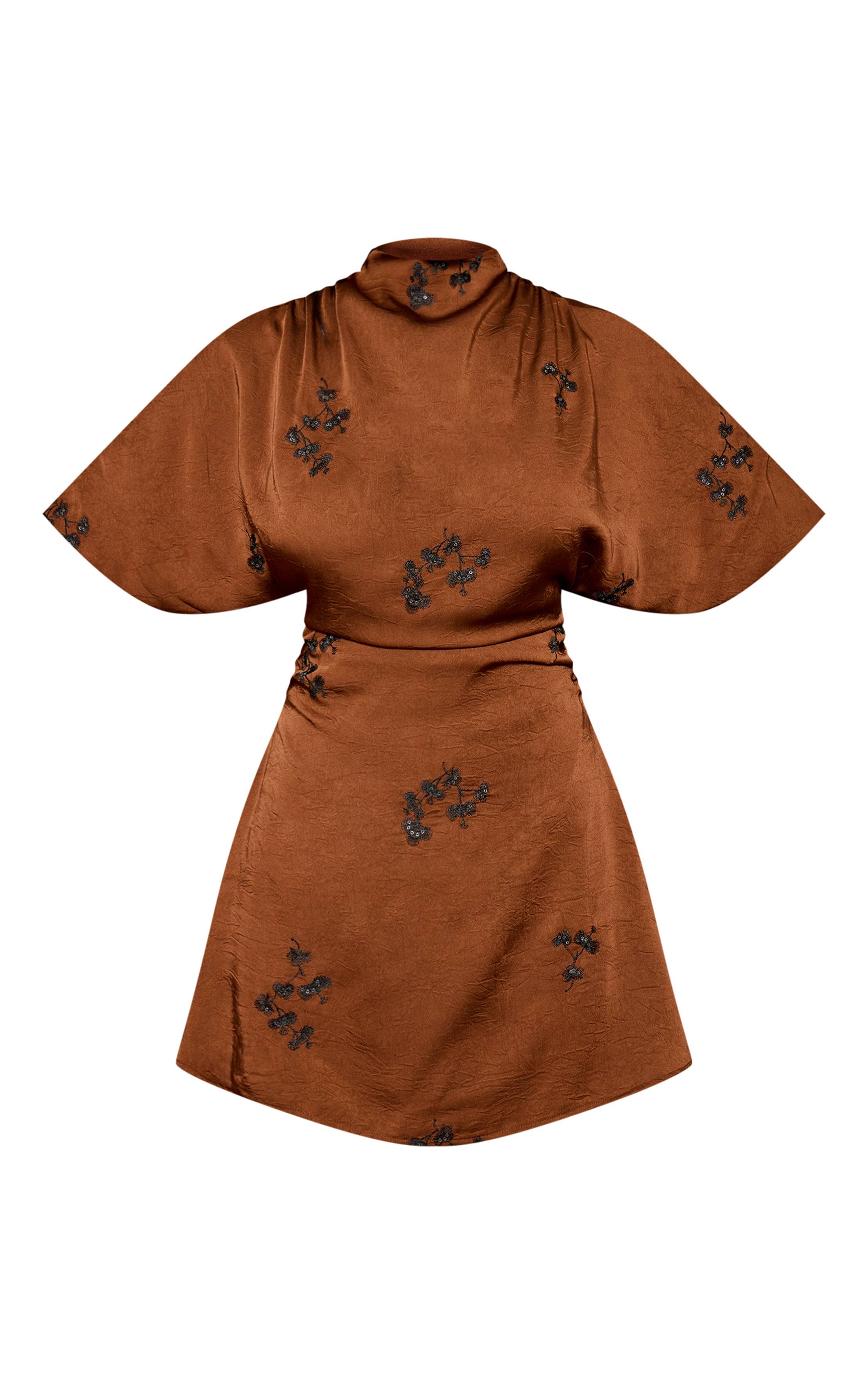 Marron Robe Mini En Satin Brodée
