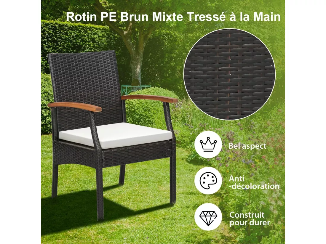 Fauteuil de Jardin Éxterieur Lot de 2 avec Coussins, Chaise Jardin Exterieur en Rotin et fibre naturelle PE avec Accoudoirs en Bois, Hauteur d'Assise 40 cm, pour Salon de Jardin, Terrasse, Patio