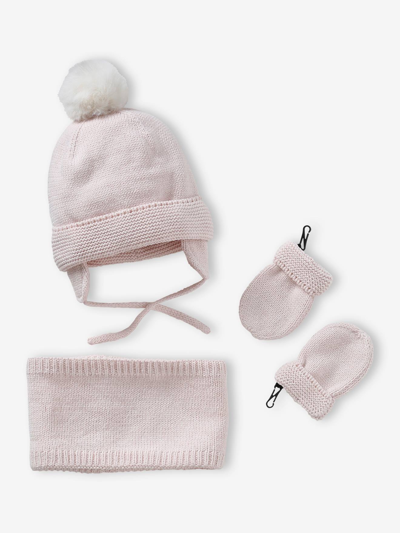 Conjunto para bebê menina: gorro + cachecol tubular + luvas, rosa claro