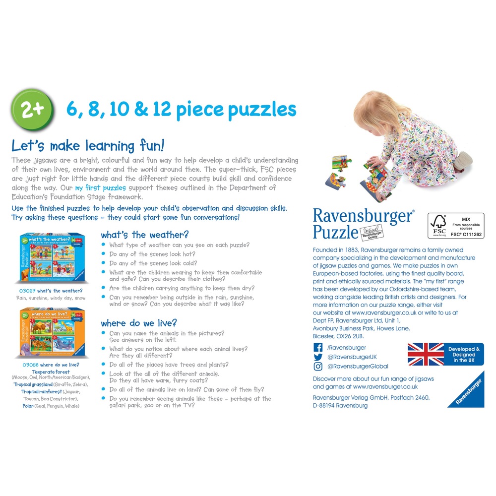 Ravensburger Meine ersten Puzzles: Wo wohnen wir? Grobes 6-, 8-, 10- und 12-teiliges Puzzle