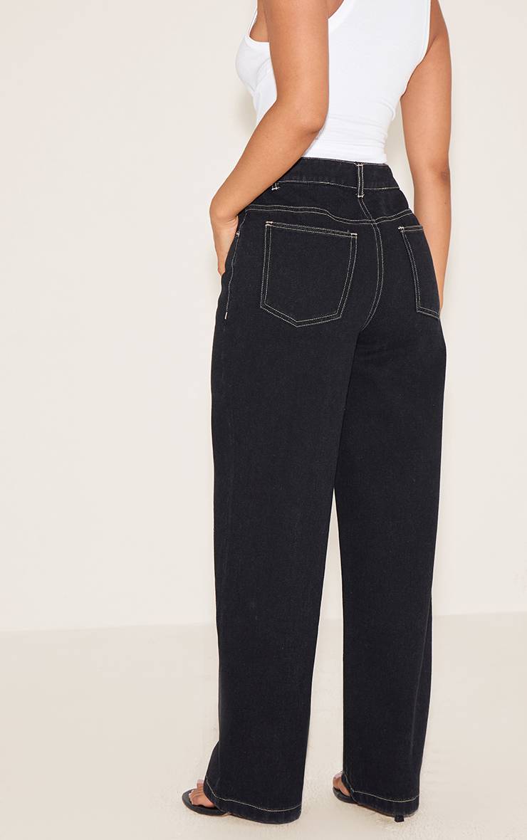 Noir Délavé Jean Droit En Denim À Coutures Contrastées Petite