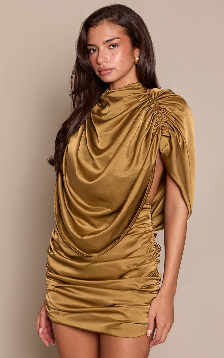Vert Olive Robe Mini En Satin Froncé Avec Superposition