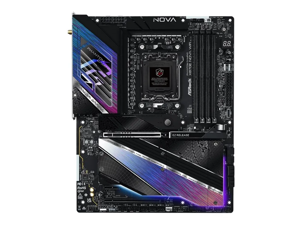 ASRock Phantom Gaming X870E NOVA WiFi - Bundkort - ATX - Socket AM5 - AMD X870E Chipset - USB4, USB 3.2 Gen 1, USB 3.2 Gen 2, USB-C 3.2 Gen 2x2 - 5 Gigabit Ethernet, Wi-Fi 7, Bluetooth - onboard grafik (CPU påkrævet) - HD Audio (8-kanaler)