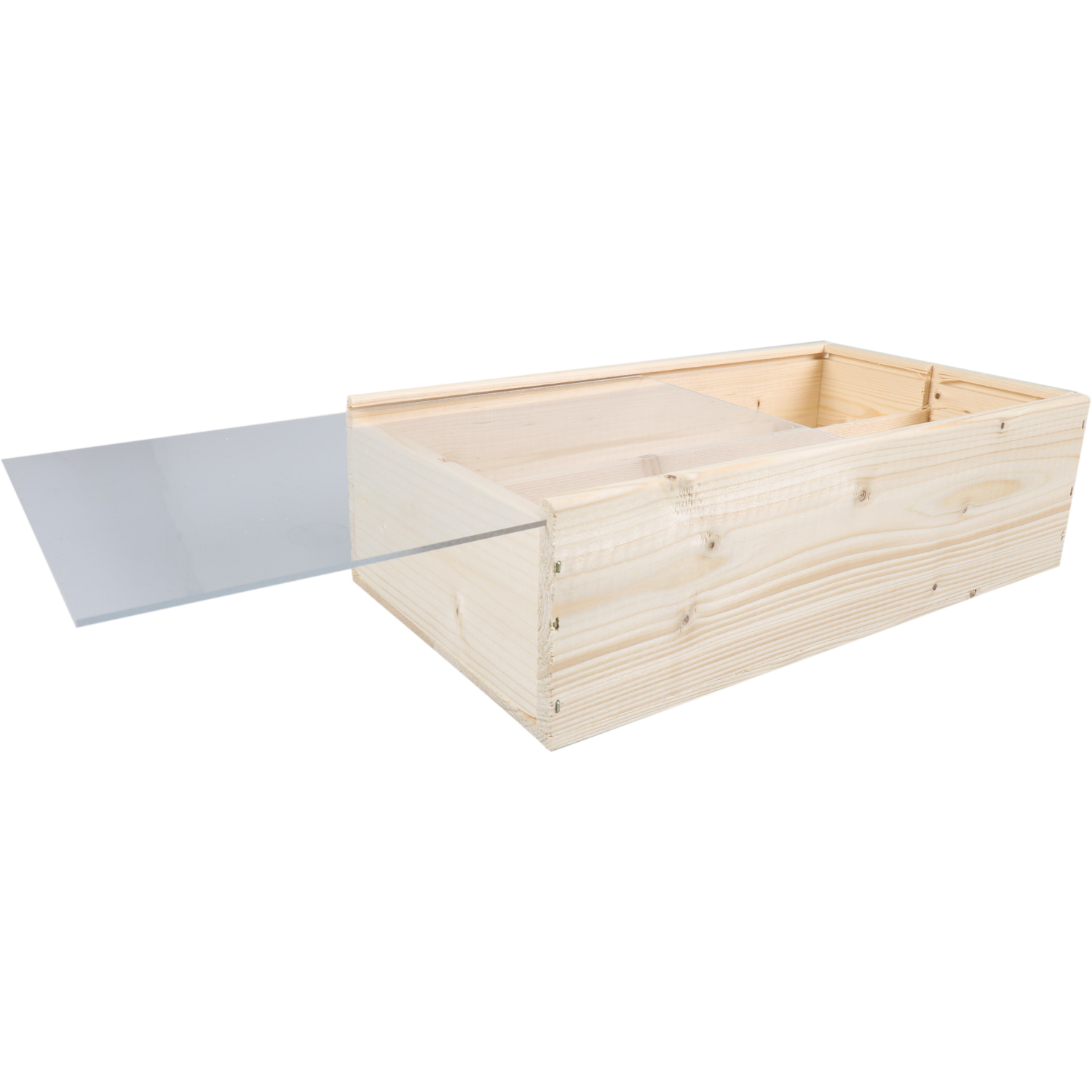 Wijnkist, 2 flessen, plexiglas schuifdeksel, 340x176x85mm, hout, naturel