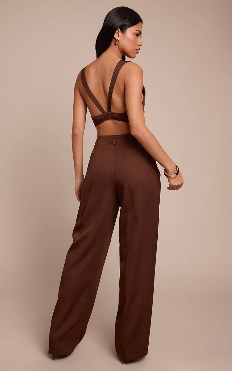 Chocolat Pantalon Large À Détails Plissés En Tissu Tissé Coordonné