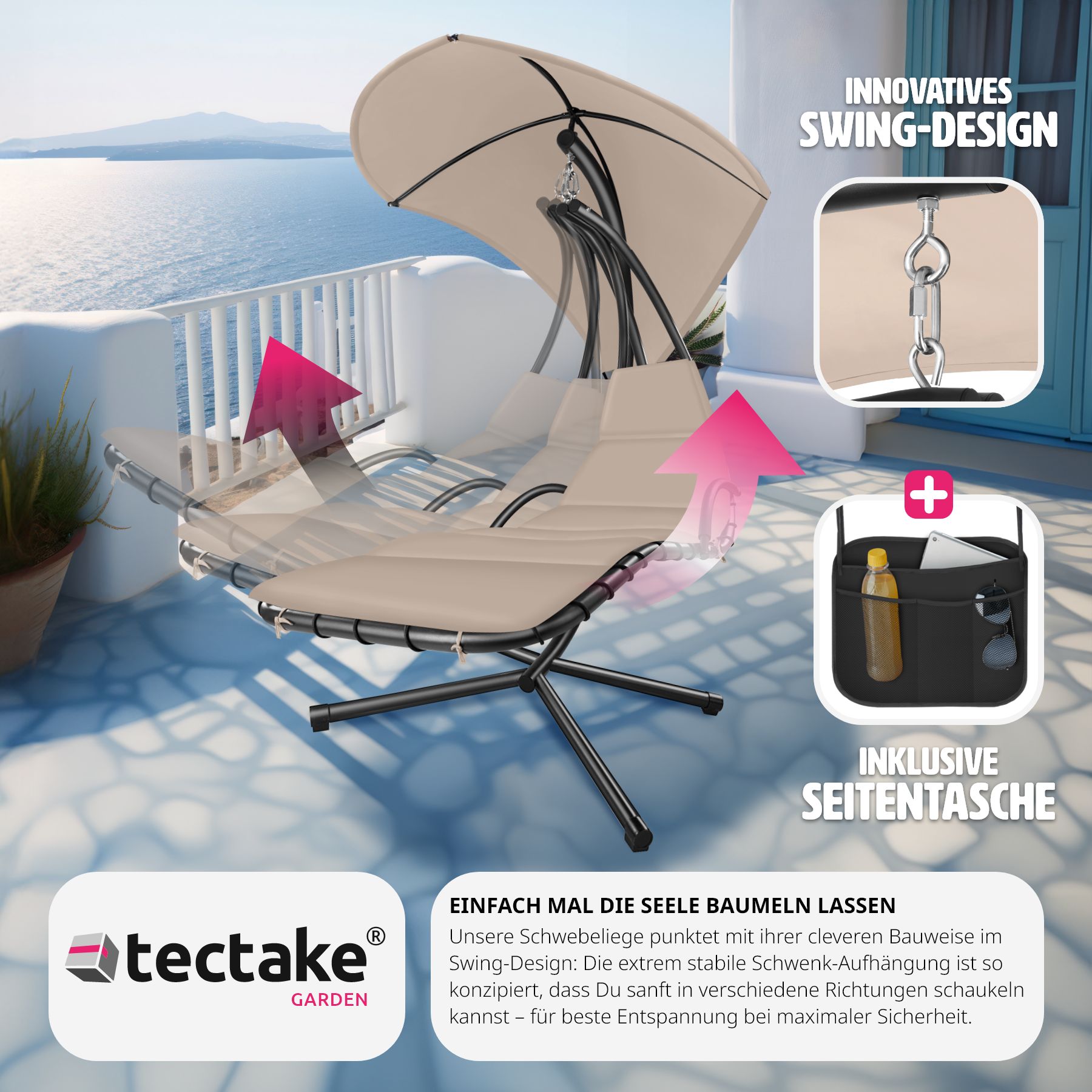 tectake® Hängeliege, großes Sonnendach mit UV-Schutz, ergonomisch, 195 x 132 x 197 cm, mit Seitentasche