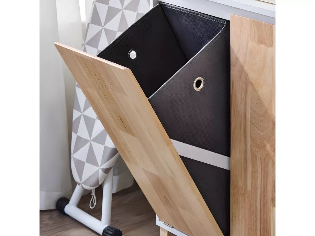 SoBuy Meuble Bas de Salle de Bain avec Bac à Linge Amovible Armoire à Linge Commode pour Salle de Bain Armoire Toilette avec 3 Compartiments et 1 Panier à Linge, 64x33x110 cm, BZR143-WN