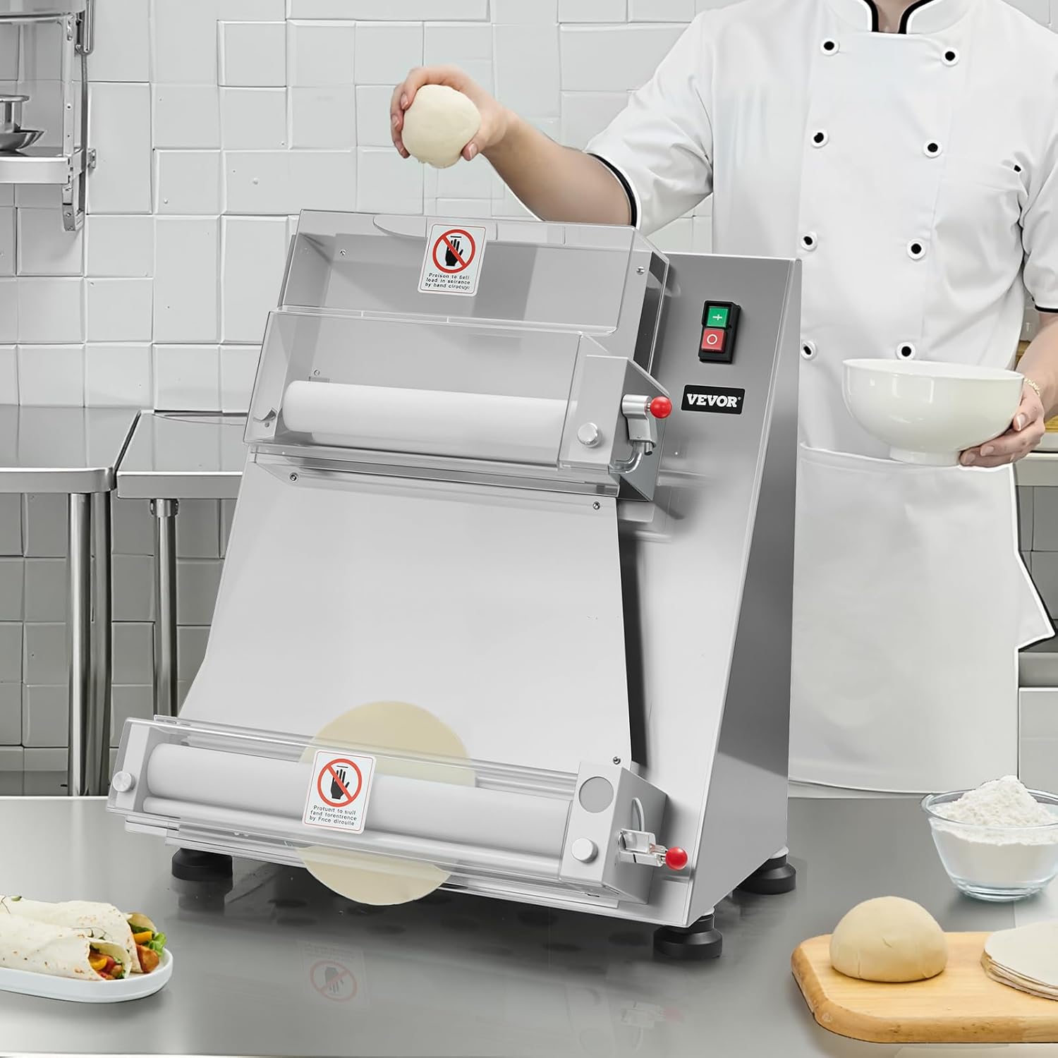 VEVOR elektrische Pizzateigpresse 355,6 mm Gebäck-Pressplatte, Brotpresse 390 W aus Edelstahl, kommerzieller Chapati Presse, Formmaschine mit einstellbarer Dicke & Teigpressdeckel, 260 Stk./h