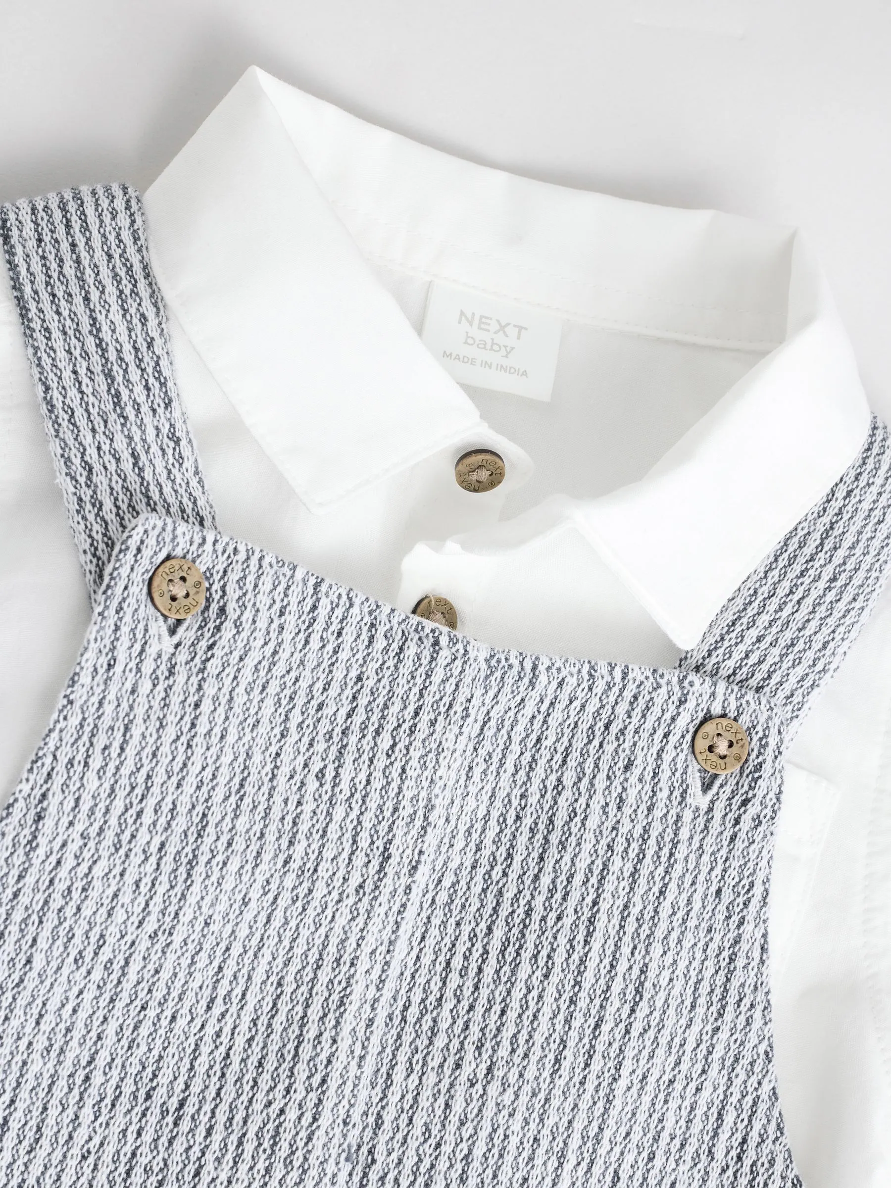 Grijs/wit - Geweven babyset van 100% katoenen bretelbroek en bodysuit (0mnd -3jr)