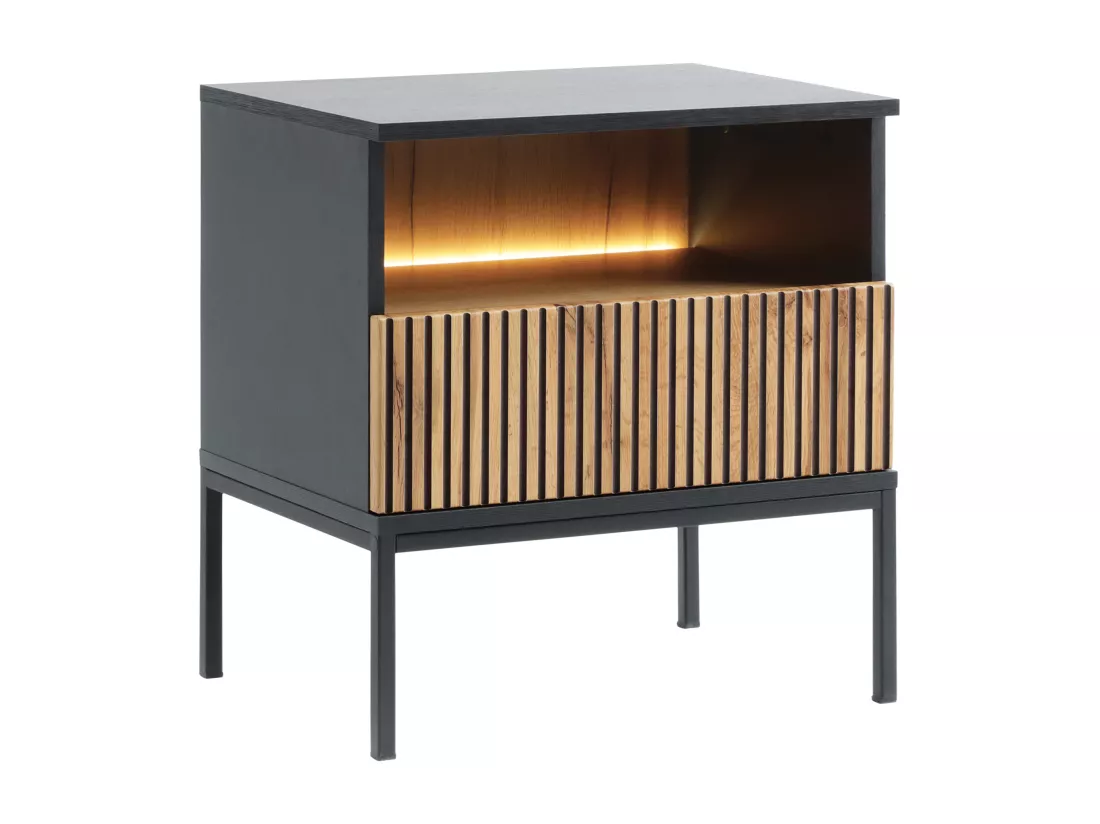 Lot de 2 tables de chevet avec 1 tiroir et 1 niche - Avec LEDs - Noir et naturel - OVILA