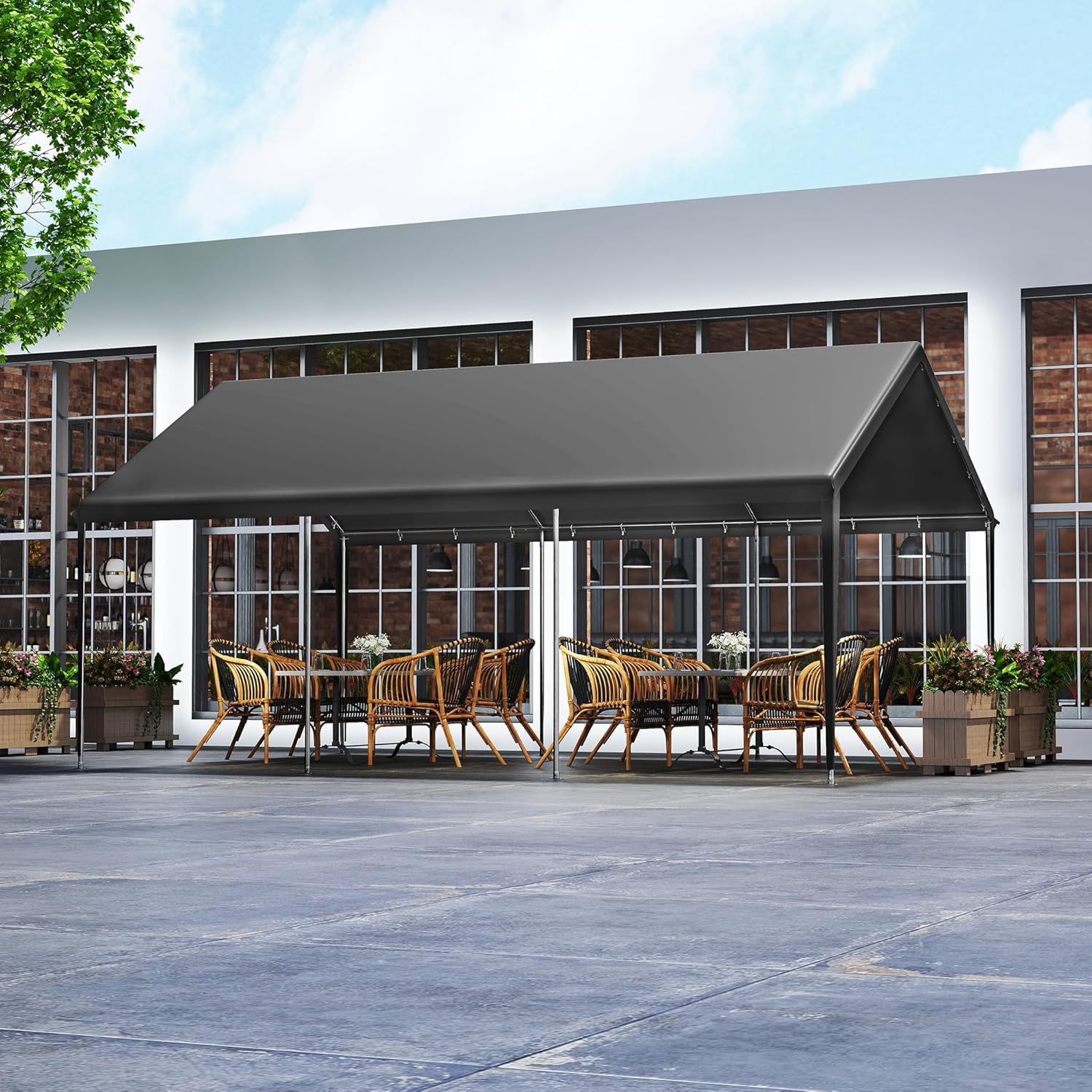 Aufun Carport Zeltgarage 4x6m, Wasserdichtes Lagerzelt mit PE-Dach, Reißenresistenter Garagenzelt mit abnehmbaren Seitenwänden, UV-beständig Winterfest Unterstand für Auto, SUV, LKW, Boot, Grau