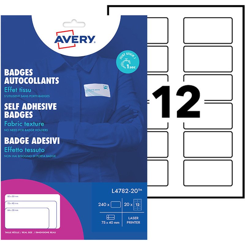 Badge adhésif textile laser Avery 40 x 75 mm blanc - Boîte de 240