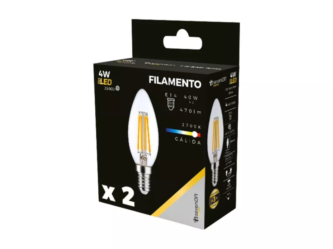 Pack de 2 Ampoules Bougie LED Filament E14 4W Equi.40W 470lm 2700K 25000H 7hSevenOn Premium