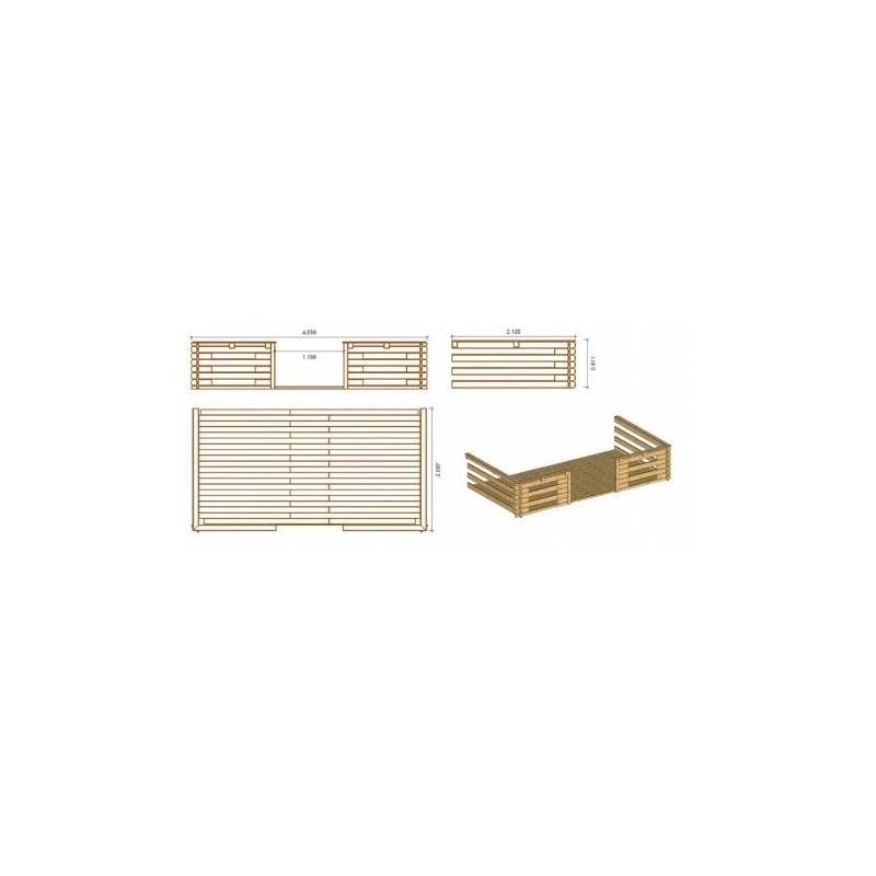Abri de jardin en bois - 3x2 m - 12 m2 + terrasse avec balustrade et avant-toit en bois