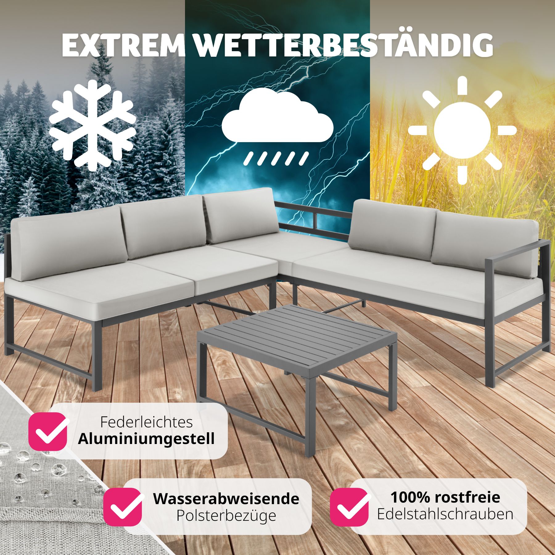 tectake® Sitzgruppe, aus Aluminium, 6-fach verstellbare Rückenlehne, bodenschonende Kunststofffüße