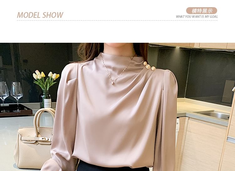 Daybreak - Blouse met pofmouwen en hoge hals, effen en geplooid