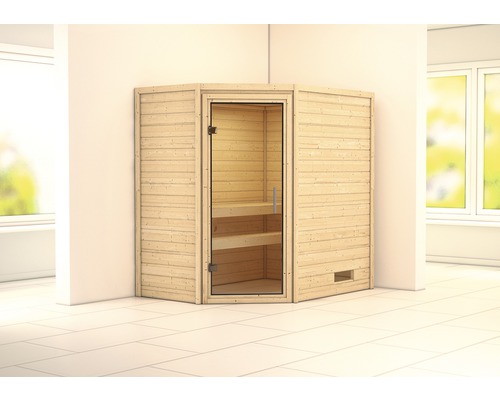 Karibu Svea blokhutsauna zonder kachel en dakrand, met volledig glazen deur van helder glas