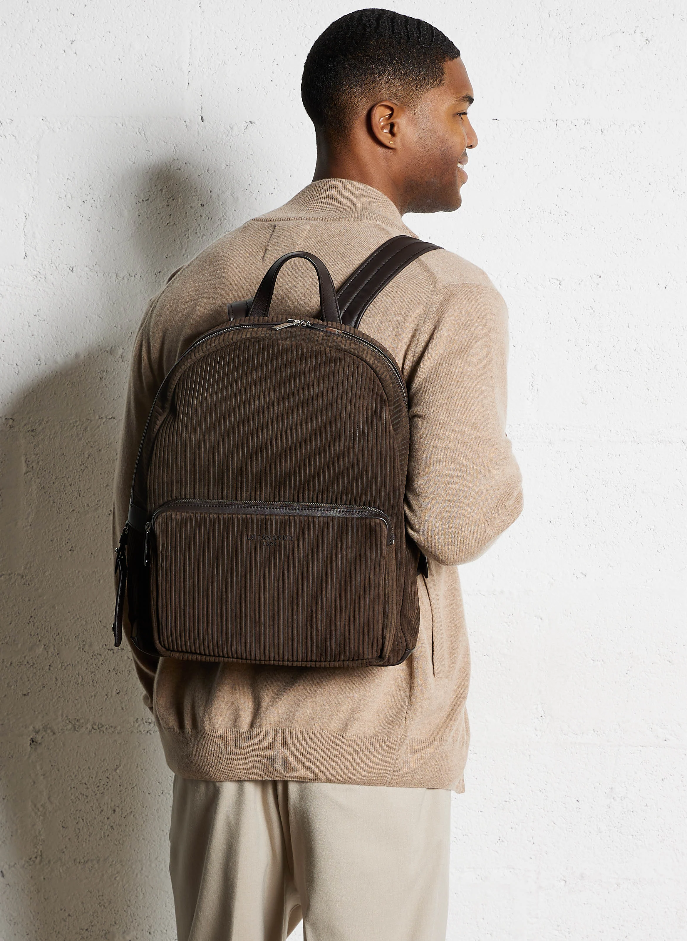 EMILE - Sac à dos en cuir velours côtelé | Marron