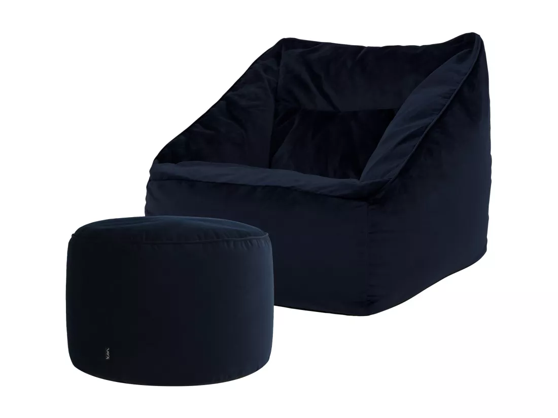 Pouf fauteuil avec repose-pied rond velours bleu minuit - NATALIA