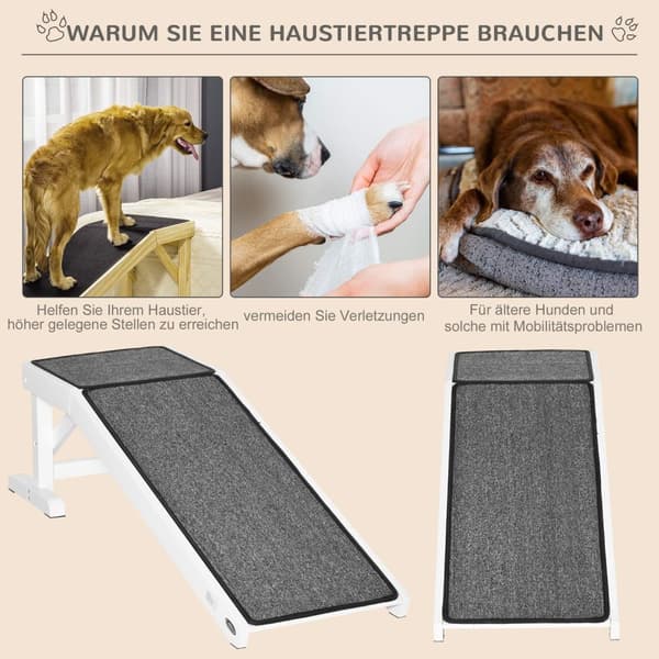 Kjæledyrrampe Med Sklisikre Teppe-Dyrestige Hunderampe For Hunder Opptil 30 Kg Furu Polyester Hvit + Grå 125 X 40 X 35,5 Cm