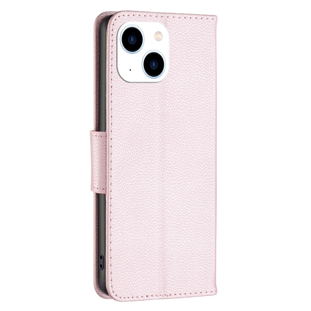 iPhone 14 Leder Tasche Flip Cover im Litchi Look mit Kartenfach   Handschlaufe - Roségold