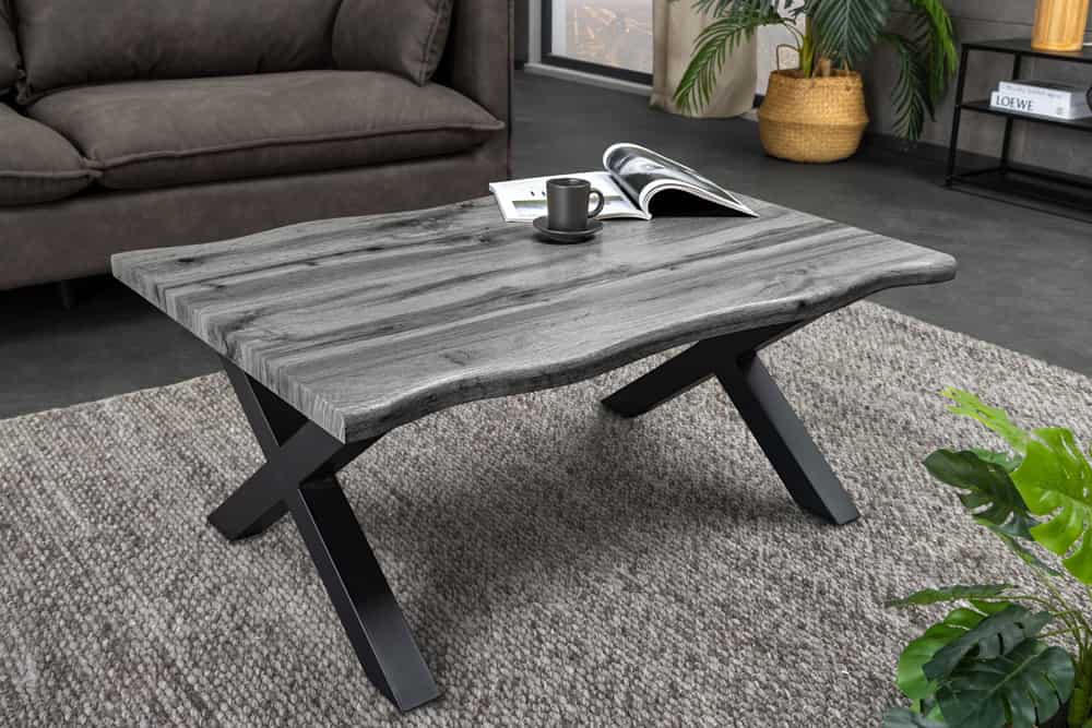 Industrial Couchtisch WILD 90cm grau Wildeichen-Design schwarz Metall Baumkante