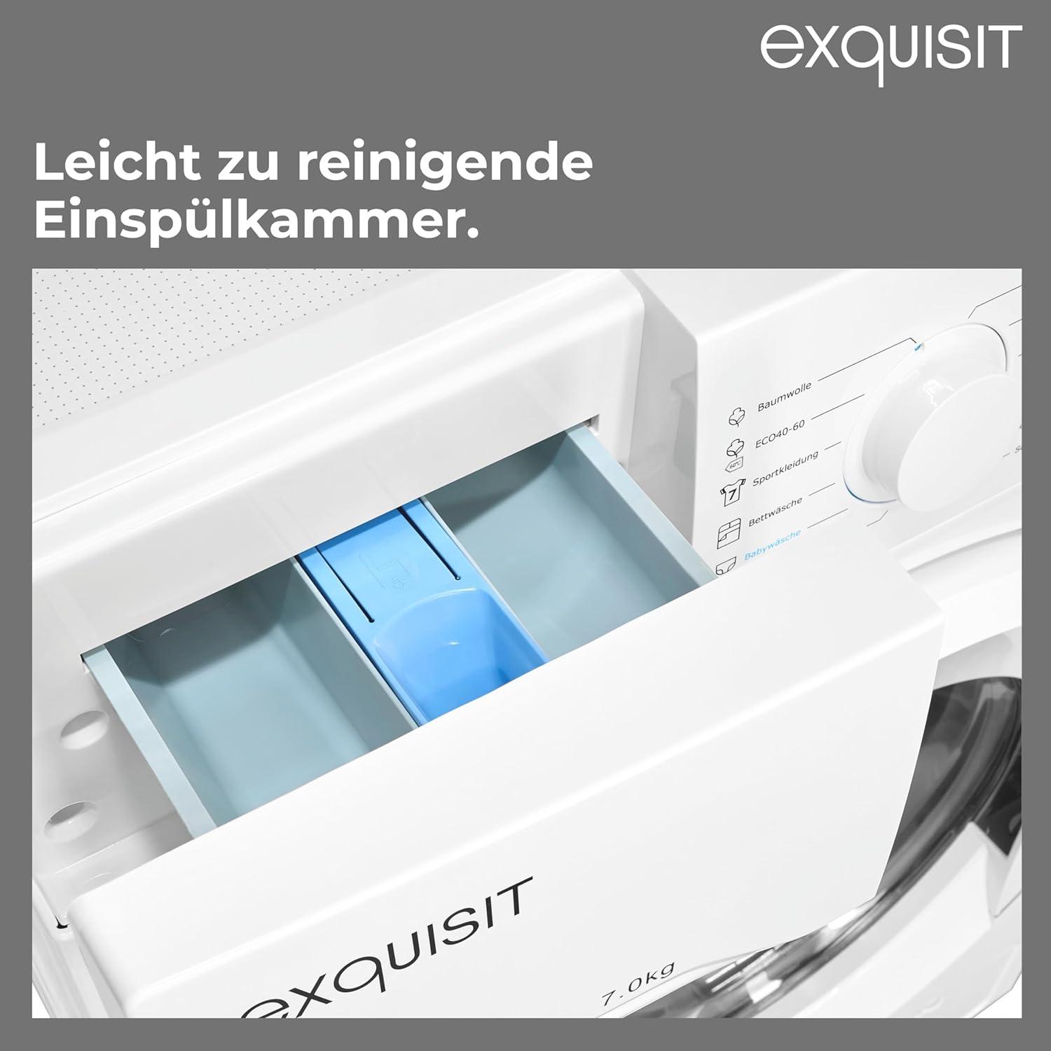 Exquisit PLUS Waschmaschine | 7 kg Nennkapazität, Energieklasse A, 1400 U/Min, 76 dB(A) | kompakte Bauform, 12 Programme, Eco 40-60, Kurzprogramm, Startzeitverzögerung | WA57014-020A weiss