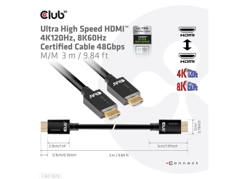 Club 3D Kabel Ultra High Speed 4K120Hz, 8K60Hz HDMI 2.1 - H Ultra High Speed HDMI 2.1-Kabel mit Unterstützung für Auflösungen bis zu 4K @ 120Hz oder 8K @ 60Hz