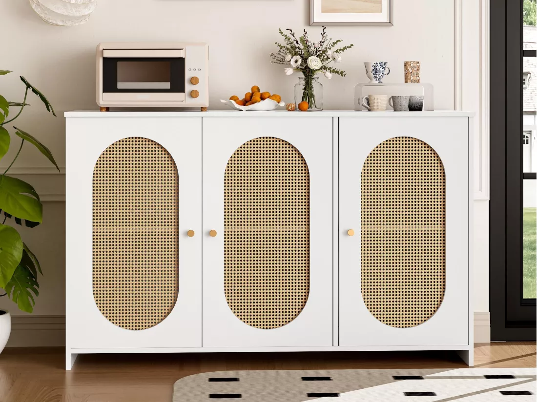 Buffet 3 portes en rotin avec étagères réglables - en MDF - Blanc