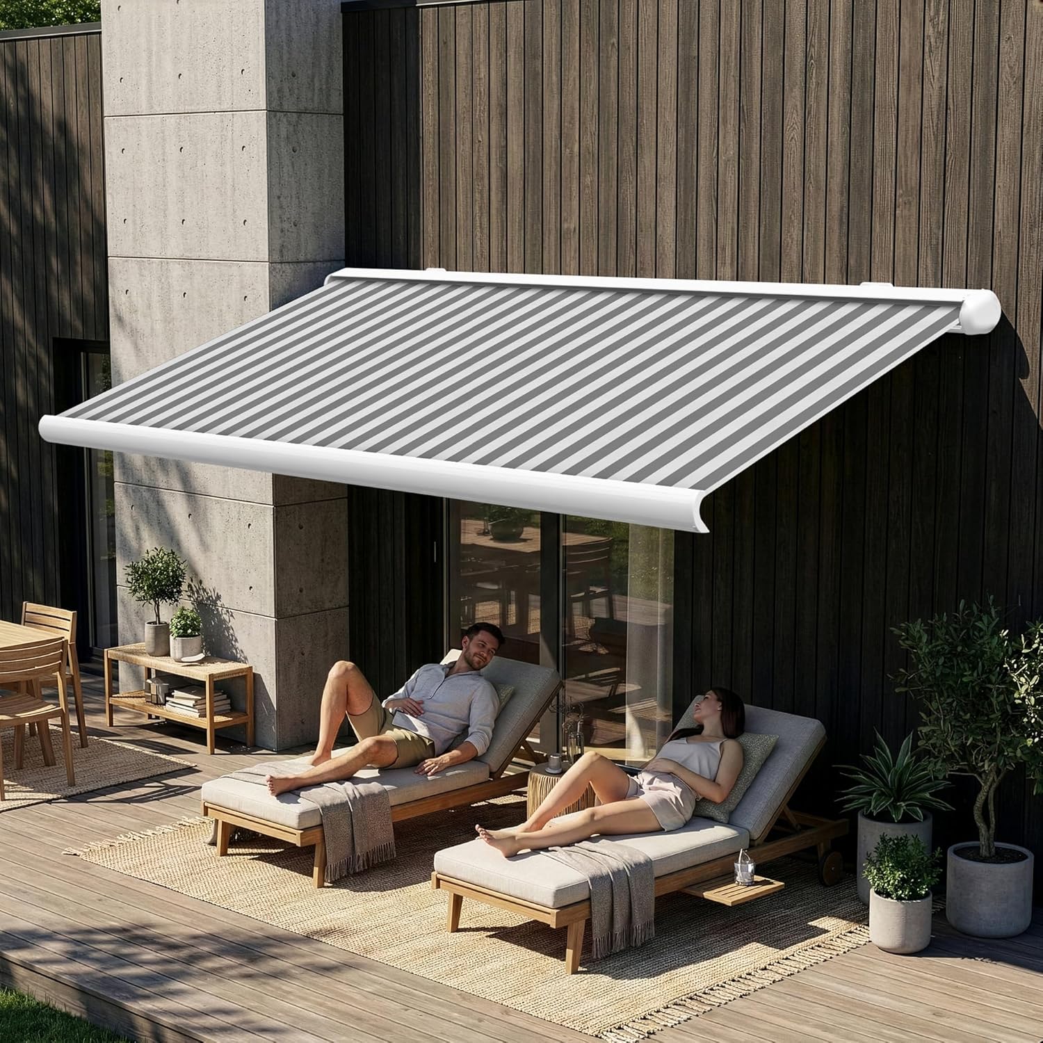 Eclipse Vollkassettenmarkise Premium elektrisch 3x2,5m Markise Balkon Terrassenüberdachung Kassettenmarkise Gelenkarm Polyacryltuch UV-Schutz 50+ Smarthome-fähiger Dooya Motor, Markisentuch: Grau-Weiß