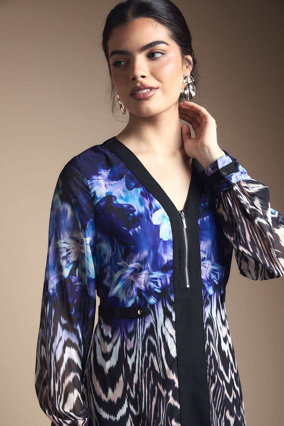 Wallis Robe Midi en Mousseline à Bordure Florale avec Fermeture Éclair Devant