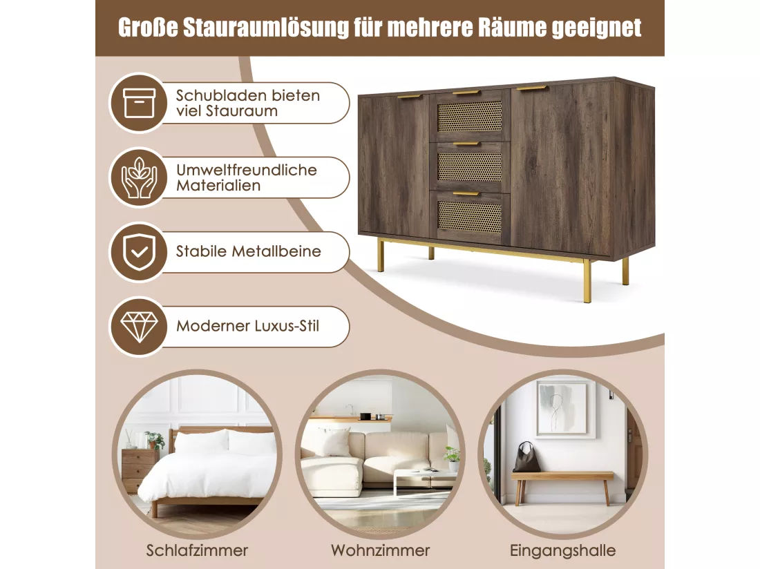 Commode avec 3 tiroirs et 2 portes, 120 x 40 x 76 cm, Panneaux de particules + métal, Marron foncé