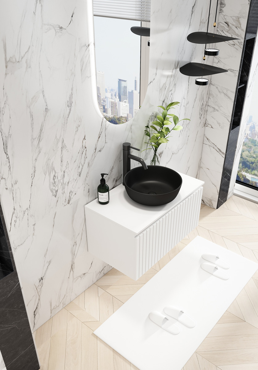 Fontana Stripe mat wit badmeubel ribbelfront 80cm met zwarte waskom en ovale LED spiegel