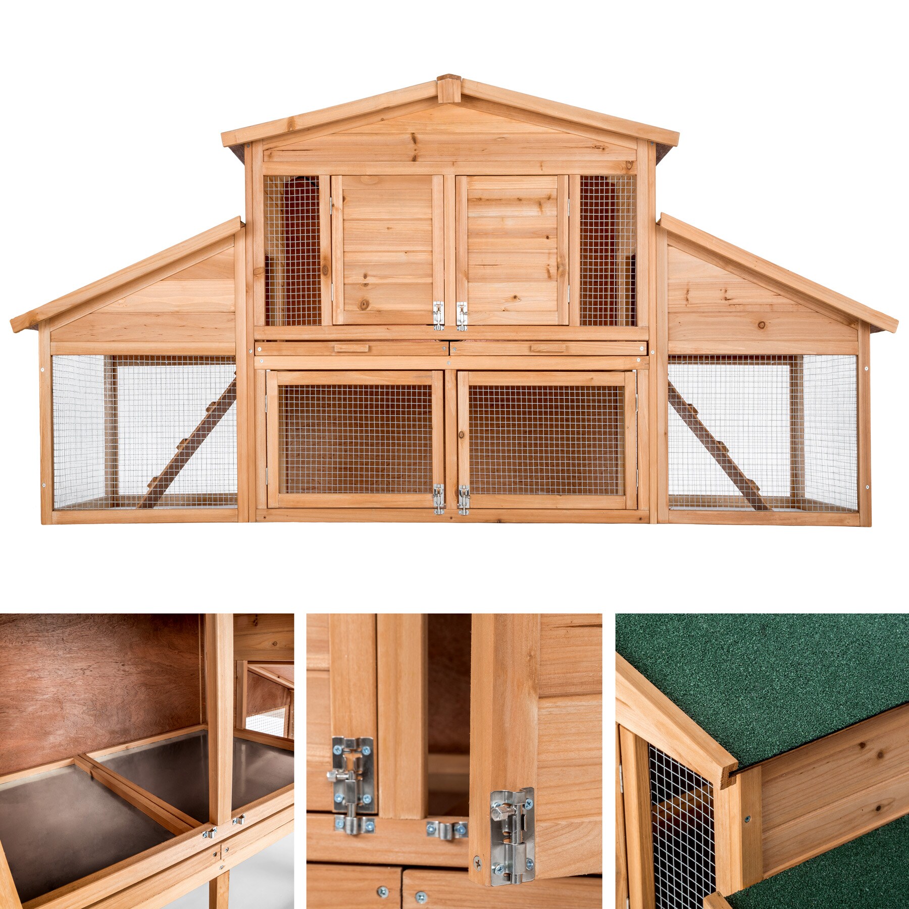 tectake® Kleintierstall, aus Holz, 4 Türen, Ruhezone und Freilaufbereich, inklusive ausziehbarer Schublade, 226 x 77 x 95,5 cm