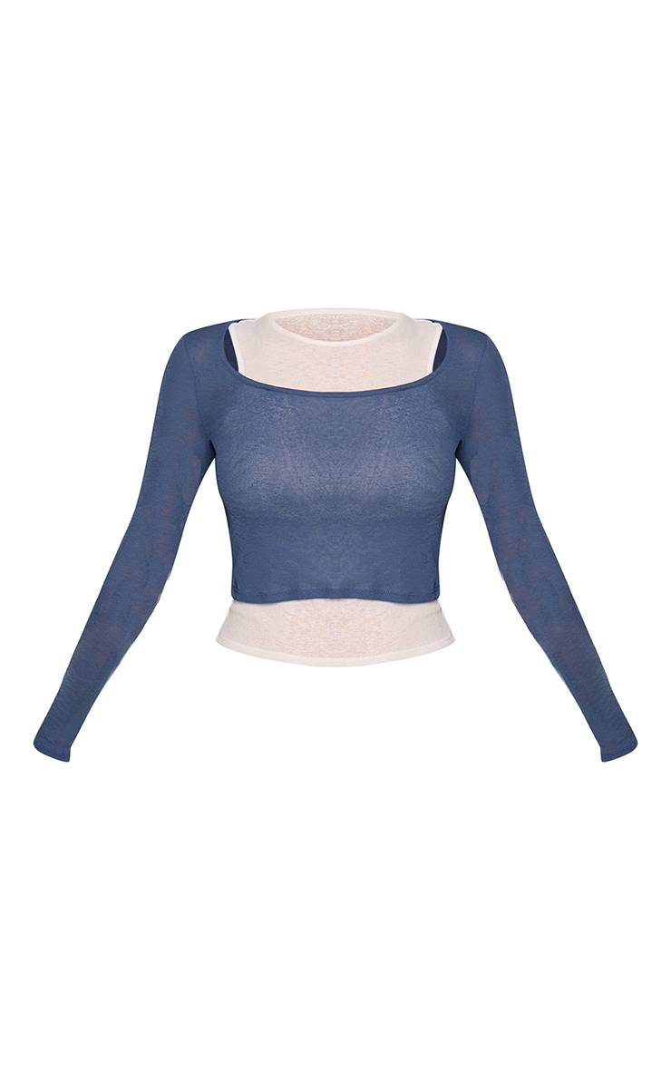 Bleu Marine Top À Manches Longues En Mesh Dévoré À Double Couche