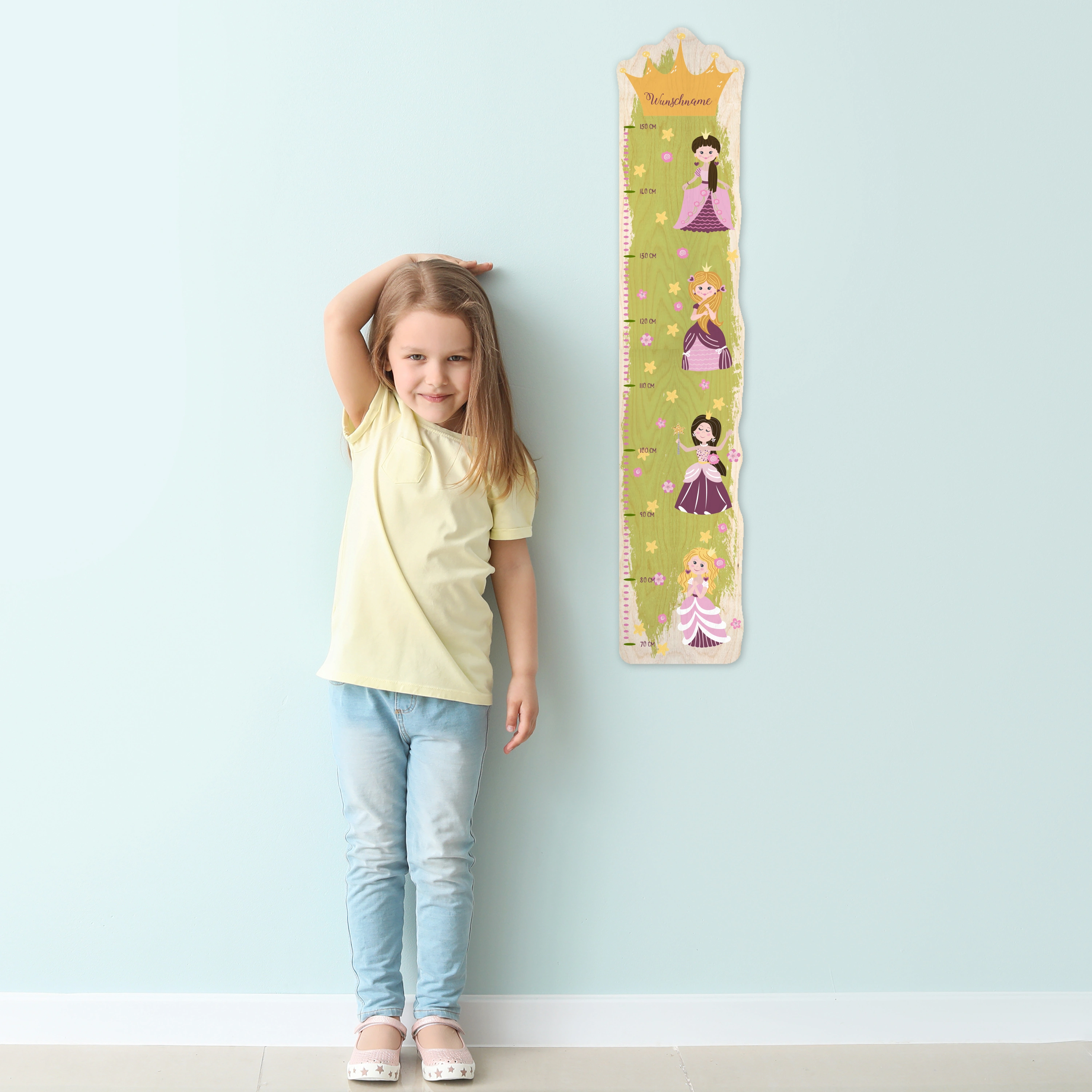 Personalisierte Holz-Messlatte mit Namen (Motiv: Prinzessin)